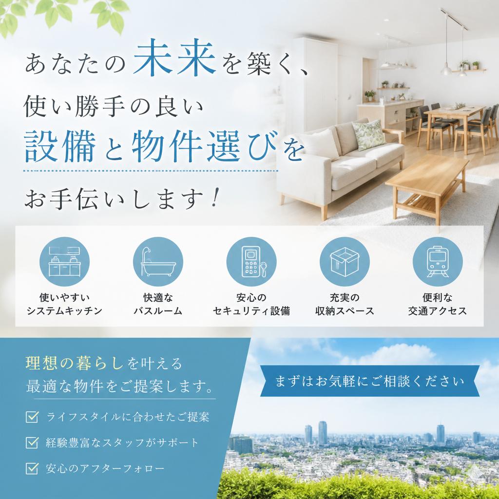 あなたの未来を築く、使い勝手の良い設備と物件選びをお手伝いします！